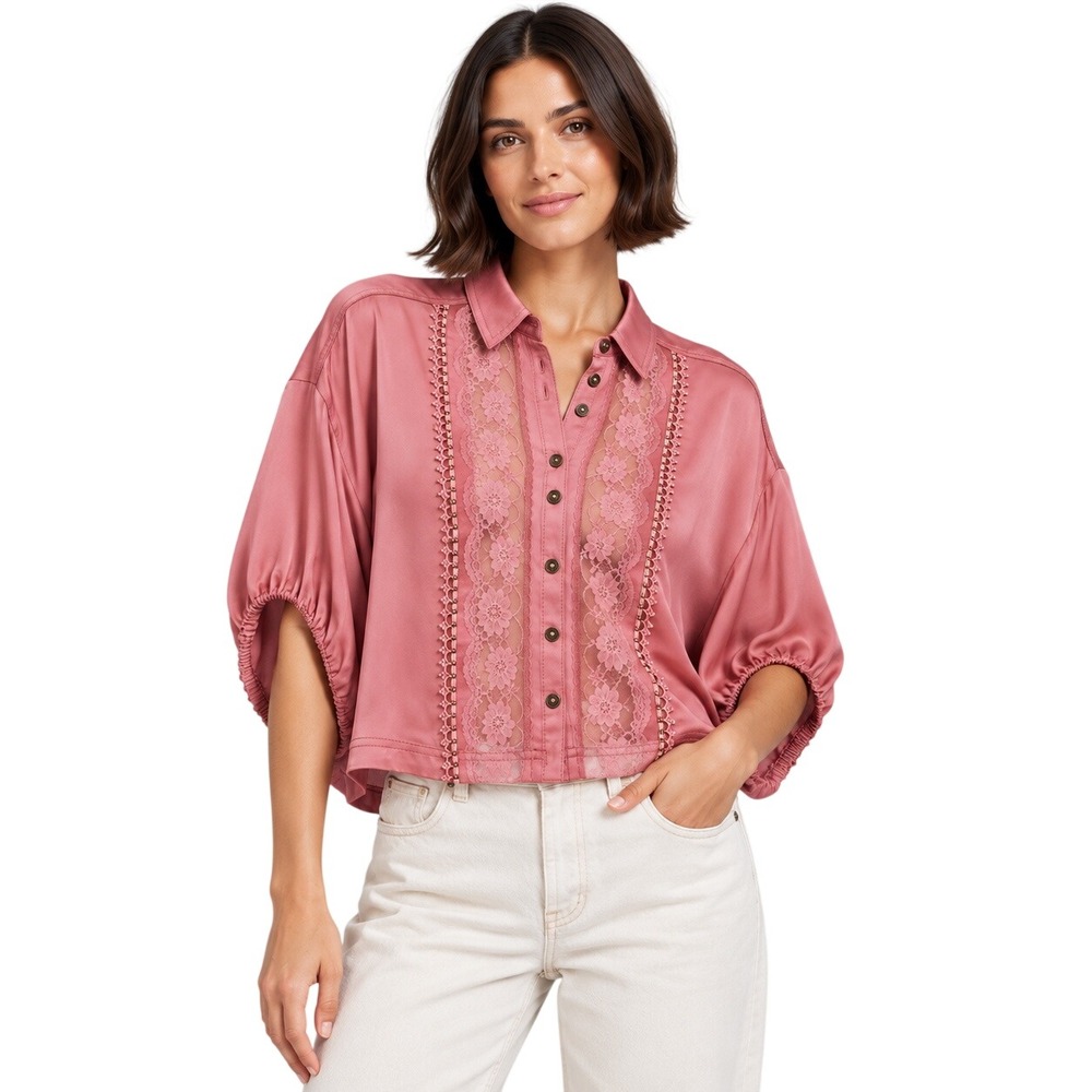 Anthropologie Pilcro Quincy Lace Blouse Size S Mauve Pink Romantic Fall Layering
